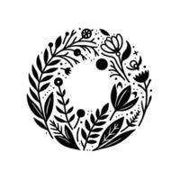 A monochromatic botanical wreath design, meticulously crafted with stylized leaves, flowers, and berries in a circular composition, set against a clean white backdrop. vector