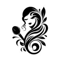 Elegant silhouette of a woman with flowing hair and makeup brush, adorned with floral and swirl elements in a minimalist black and white design. vector