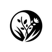 Yinyang silhouette a minimalist black and white depicting stylized flora within a circular frame, evoking balance and harmony. vector