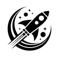Black and white minimalist depicting a rocket ship blasting off, surrounded by a crescent and stars, symbolizing space travel and innovation. vector