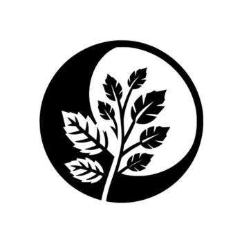 Abstract yin yang symbol featuring a stylized tree branch with leaves, set in a minimalistic black and white design. vector