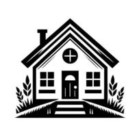 Minimalist black white illustration of a cozy house featuring roof lines, windows, door, grass, and decorative floral elements, creating a serene aesthetic. vector