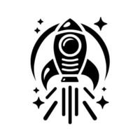Bold black silhouette of a retro rocket ship ascending amidst stars and an orbital ring on a clean white background, evoking a sense of exploration and wonder. vector