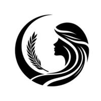 Elegant black and white silhouette of a woman encircled by a crescent and laurel branch, symbolizing peace and grace. vector