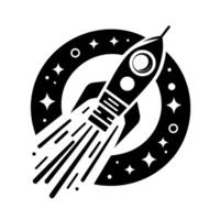 Bold black and white illustration of a rocket ship blasting off, surrounded by stars and a circular frame on a white background. vector
