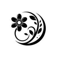 Elegant black and white floral a symmetrical composition featuring a stylized flower, delicate leaves, and swirling vines, set against a clean, white background. vector