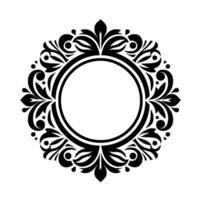 Ornate black and white circular emblem with floral accents, centered empty space, symmetric, for design. vector