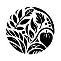 Intricate black and white botanical illustration within a circle featuring leaves, berries, and a stylized apple, evoking natures elegance. vector