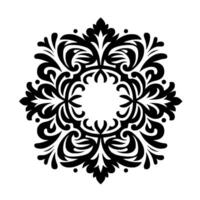 Intricate black and white floral mandala on white background, featuring symmetrical ornamental elements and curvilinear forms. vector