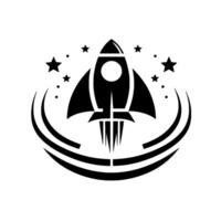 A sleek black and white minimalist illustration of a rocket ship taking off amidst stars and curved trails, signifying space travel and innovation. vector