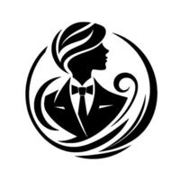 Elegant silhouette of a person in a tuxedo with ornate accents encased in a circular frame, showcasing sophistication and style. vector
