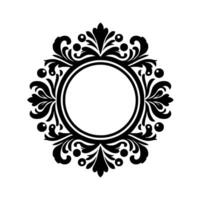 Intricate black and white circular frame with floral and scrollwork design, featuring a central empty circle on a white background. vector