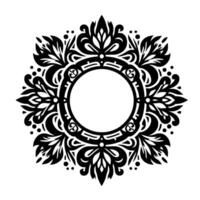 Intricate symmetrical black and white floral forming a decorative circular frame with a blank central circle, suitable for or emblem. vector