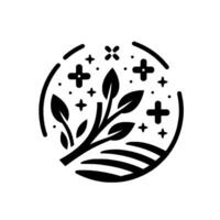 A stylized, circular black and white featuring a flourishing plant, crossshaped elements, and a suggestion of a landscape, set against a clean white background. vector