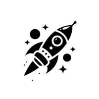 A stylized black and white rocket ship, surrounded by stars and planets, taking off against a clean white background. vector