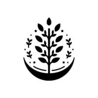 A symmetrical black and white botanical illustration featuring a central stylized tree enclosed within a teardrop shape, set above a crescent moon. vector