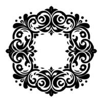 Intricate black and white floral circular frame with ornate scrollwork and a central square, suitable for decorative design. vector