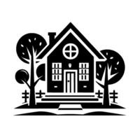 A black and white minimalist illustration of a house with a crossshaped window, trees, and a fence, creating a clean and stylized graphic. vector
