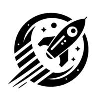 Black and white rocket ship in flight a geometric, emblematic of a spaceship soaring through a circular galaxy, representing exploration. vector