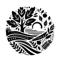 Black and white circular illustration of a serene landscape with a tree, apples, hills, and stylized elements vector