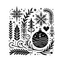 Intricate black and white christmas ornament composition with botanical, snowflake, and heart motifs on white background. vector