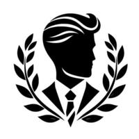 Elegant silhouette of a man in suit with laurels a stylish and symbolic emblem for achievement and prestige. vector