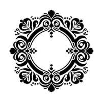 Elegant monochrome floral frame ornate black decorative circular with leafy scrolls, spirals, dots, and geometric accents on white background. vector