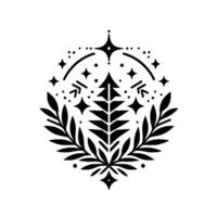 A symmetrical, stylized christmas emblem featuring a central fir tree, framed by laurel branches, celestial elements, and a black and white minimalist aesthetic. vector
