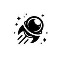 Minimalist black and white illustration of a rocket ship with an astronaut helmet, blasting off amongst stylized stars and dots, against a plain white background. vector