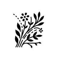 Minimalist black and white floral arrangement a stylized illustration featuring a cluster of leaves, flowers, and stems with a decorative, elegant and symmetrical design. vector