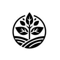 A bold, minimalist black and white showcasing a stylized tree growing from a stylized field within a circular frame, representing nature and growth. vector