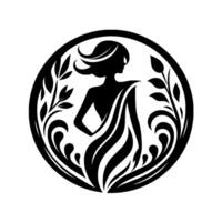 Elegant silhouette of a woman in flowing gown, surrounded by floral embellishments, contained within a circular frame, exuding grace. vector