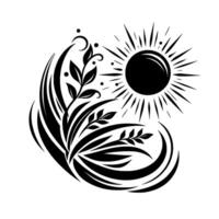 Symbolic monochrome illustration a stylized sun radiating light, intertwined with botanical elements of leaves, grass, and vines, rendered in dynamic curves. vector