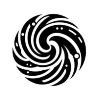 A swirling, abstract in bold black and white, resembling a stylized galaxy or vortex, with a combination of curved lines and scattered dots. vector