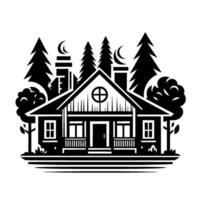 A monochrome, silhouetted cabin scene set in the woods, featuring a house with a porch, flanked by trees, and chimneys with crescent moon accents. vector