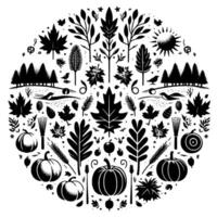 A symmetrical black and white illustration of autumnal elements forming a circular pattern, featuring pumpkins, leaves, and natural motifs. vector
