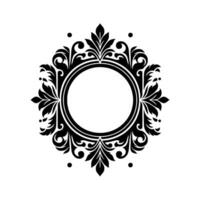 Elegant black floral frame with circular center, ornate botanical design, isolated on white, intricate details, decorative, graphics vector