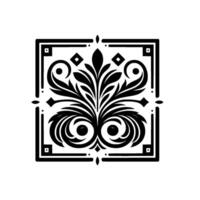 Elegant black and white floral ornament with symmetrical arrangement, within a decorative square frame, with intricate detail and fine lines. vector