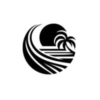 A minimalist black and white of a tropical sunset scene encapsulated within a circular frame, depicting a palm tree silhouette, ocean waves, and a sun. vector