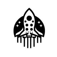 Stylized black and white rocket ship emblem with circular background, rising through space, illustrated in a minimalist geometric design. vector