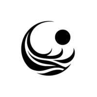 Abstract black and white illustration of flowing, stylized waves with a central dark sphere, evoking balance and motion. vector