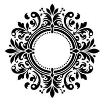 A symmetrical black and white floral with an ornate circular frame, featuring scrolling leaves, dots, and stylized flourishes, ideal for decorative purposes. vector