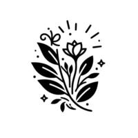 Elegant black and white floral arrangement with delicate details, butterfly, and sparkling accents on a white background. vector