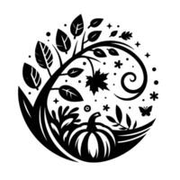 Monochromatic illustration of a pumpkin, leaves, tree branches, swirls, stars, butterfly, and floral elements within a circular frame, evoking autumn. vector