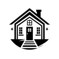 Elegant monochrome house clean, detailed silhouette featuring windows, door, chimney, and staircase, set within a round frame with sparkles. vector