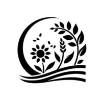 Minimalist black and white nature illustration featuring sunflower, wheat, leaves, and decorative curved lines within a circular motif. vector