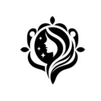 Elegant black and white a womans profile framed by ornamental with a celestial background featuring stars. vector