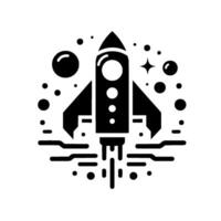 Stylized black and white rocket ship launching amidst stars and celestial bodies, representing space exploration and dreams. vector