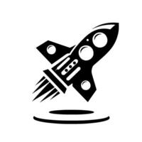 Stylized black and white rocket ship taking off, featuring circular windows and flared exhaust against a clean white background, indicating progress. vector