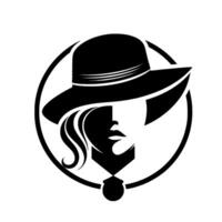 Elegant silhouette a monochrome of a woman in a stylish hat and long wavy hair, enclosed in a circle with a minimalist geometric pendant. vector